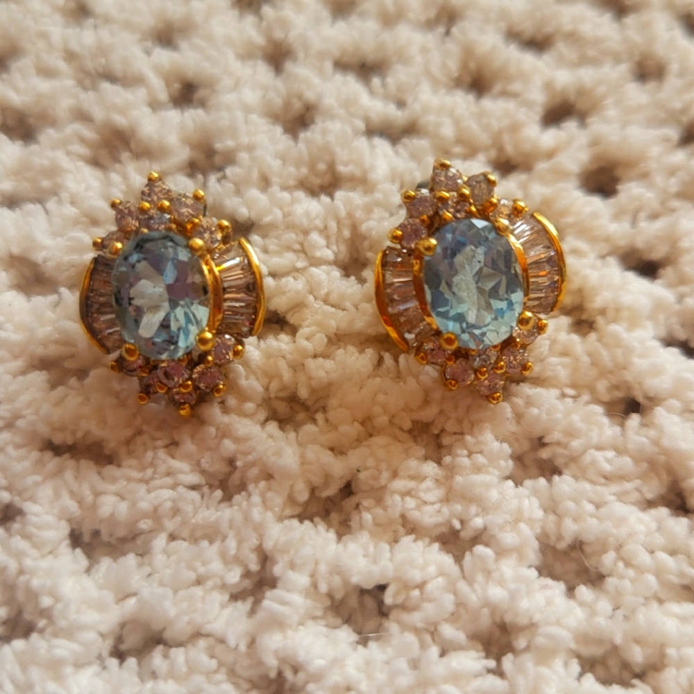 Ice Blue Topaz Clear Rock Crystal Halo Post Earrings 14k Yellow Gold Plated